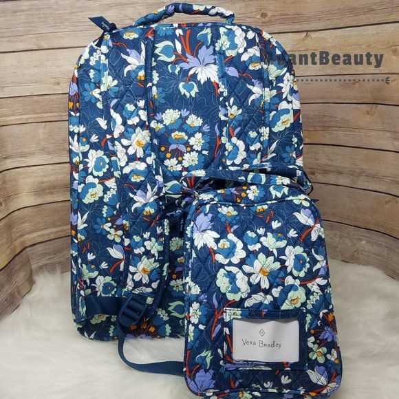 VERA BRADLEY Essential Large Backpack  Floral Blue Bursts Lunch Bunch Set New - Picture 2 of 16